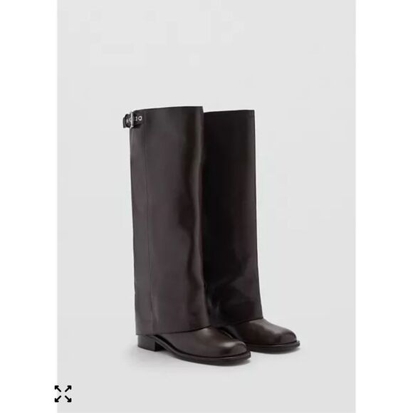 MNG BY MANGO $299 LEATHER TALL BOOTS BROWN BUCKLE 39 US 8.5 - Picture 1 of 8